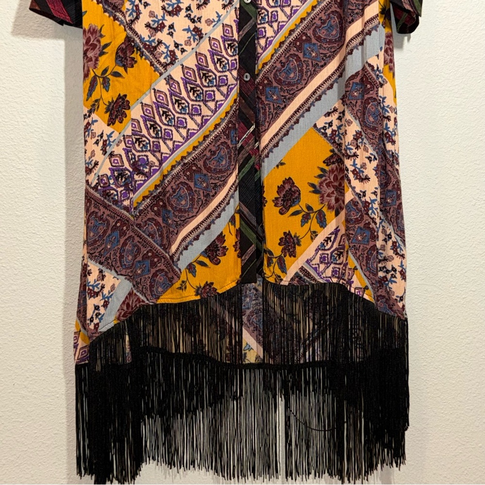ODDY Bohemian button up long sleeve fringe Dress duster cardigan small S free - Picture 5 of 16
